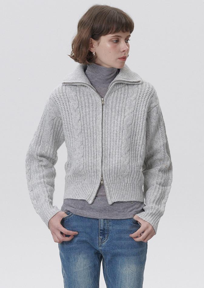 트위스트 집업 니트 가디건 라이트 그레이