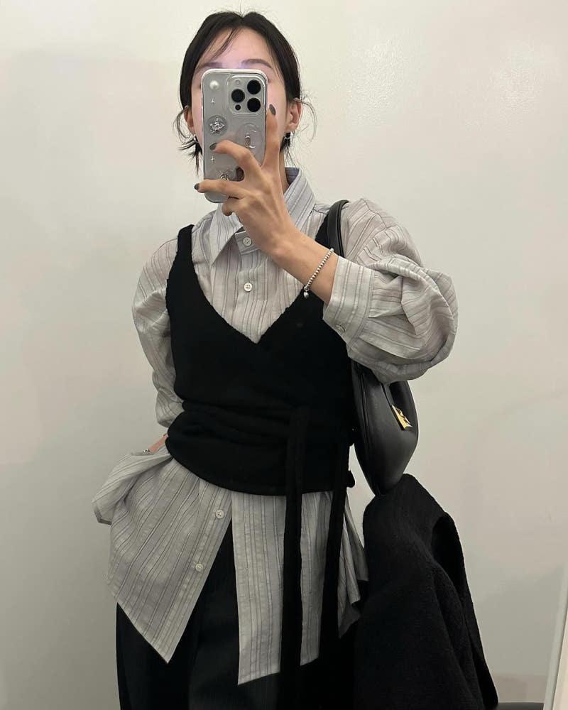 타마 레이어드 이너 브이넥 랩 리본 끈 뷔스티에 베스트 니트조끼