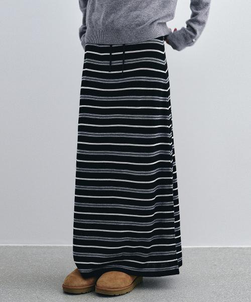 스트라이프 울 니트 롱 스커트 - 블랙