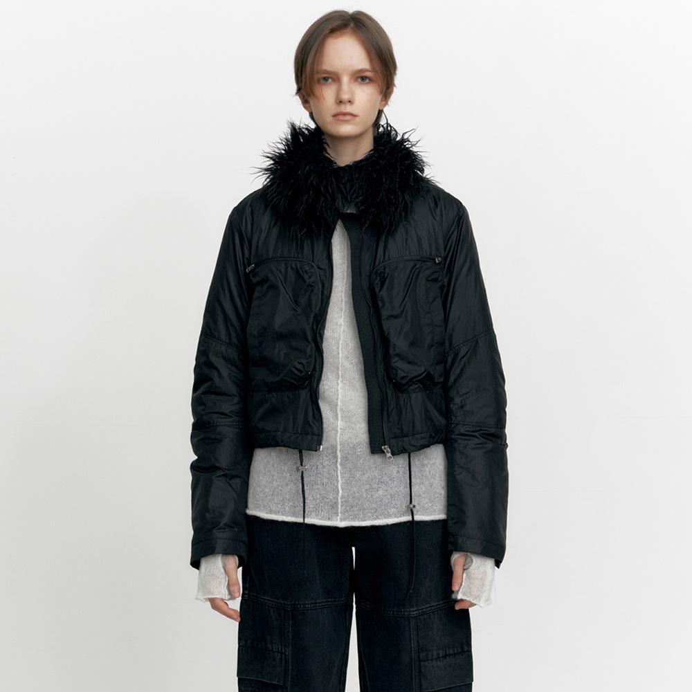 FUR COLLAR POCKET BOMBER JACKET, BLACK