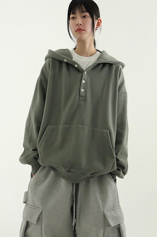 로컬맨션 fleece-lined button neck cotton hoody (unisex)