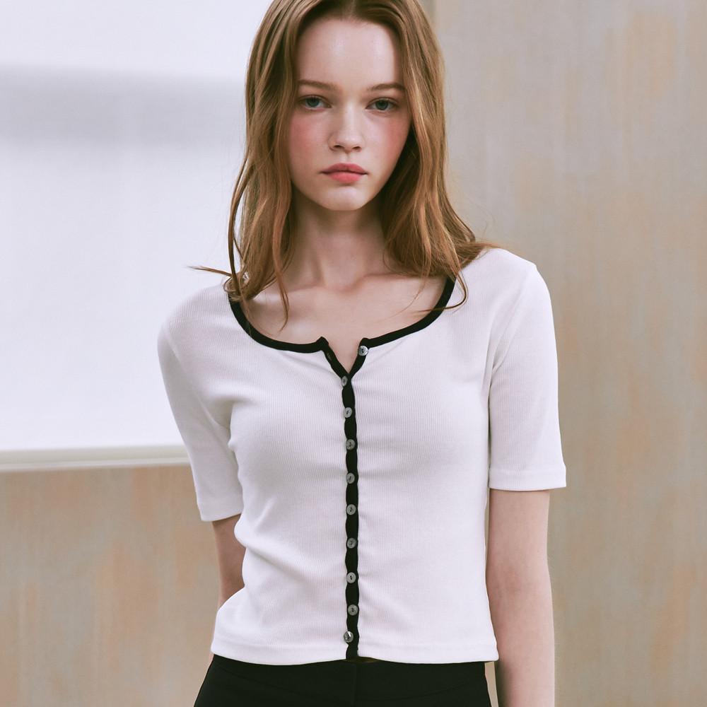 BUTTON U NECK SHORT SLEEVE CARDIGAN WHITE : RONRON