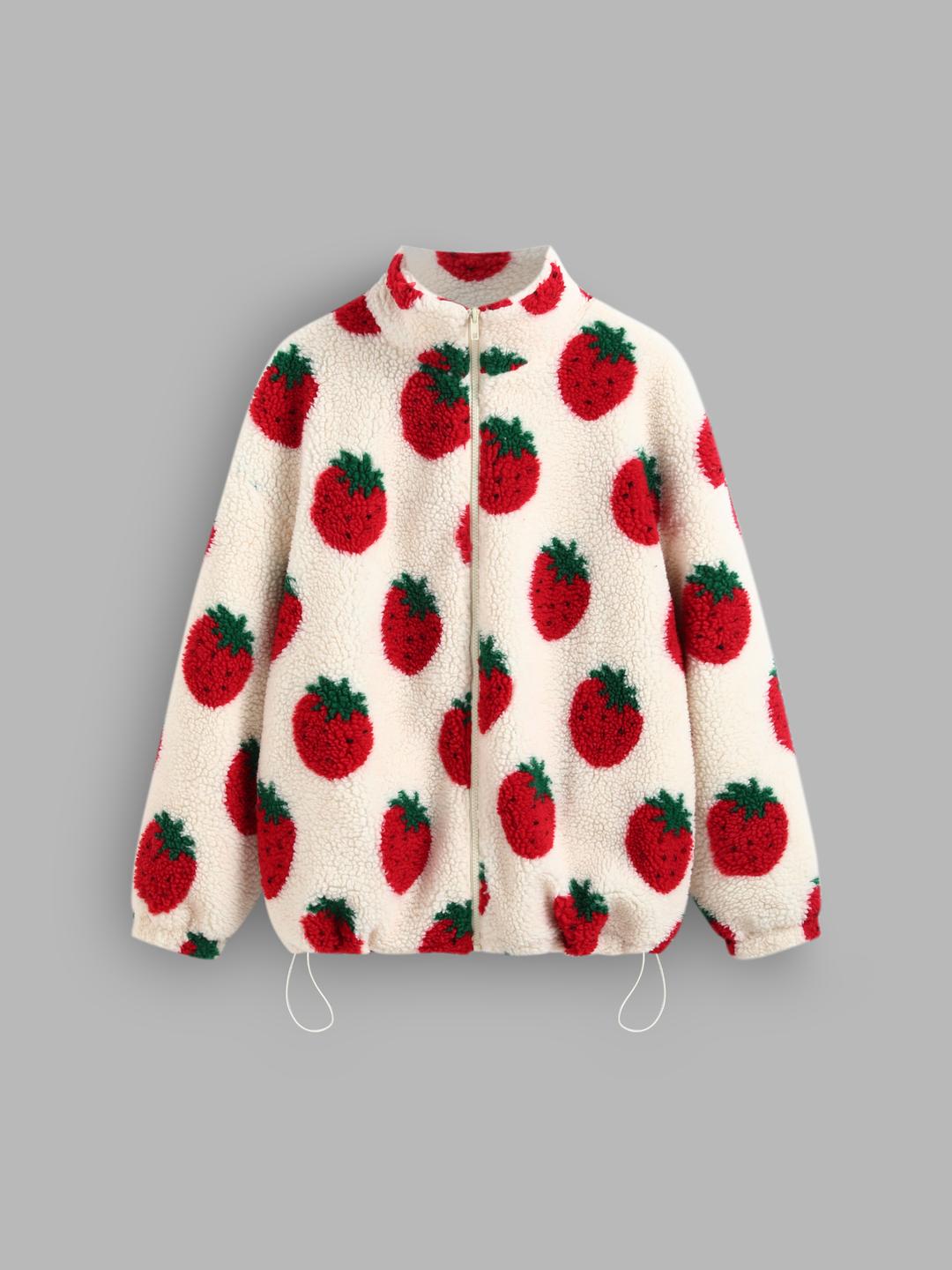 Fleece High Neck Strawberry Pocket Drawstring Oversized Jacket