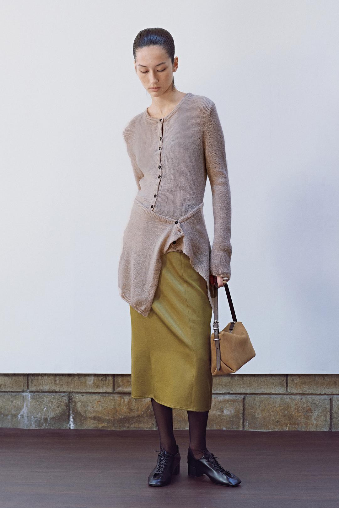 [SET] Round Neck Knit Cardigan + Wrap Skirt D120-91