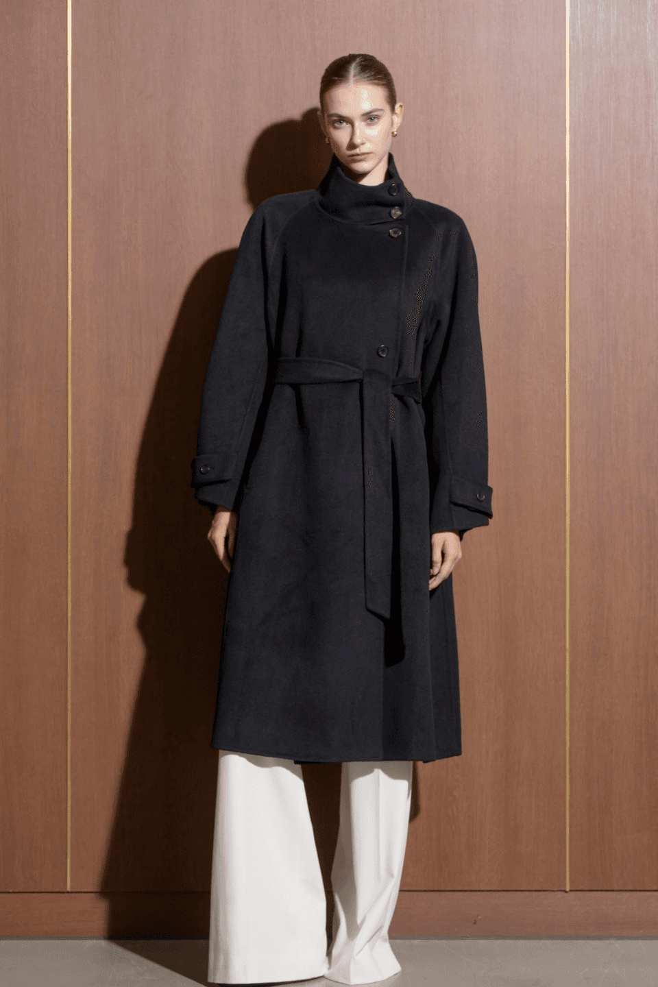 High neck button pointed wool blended coat - black