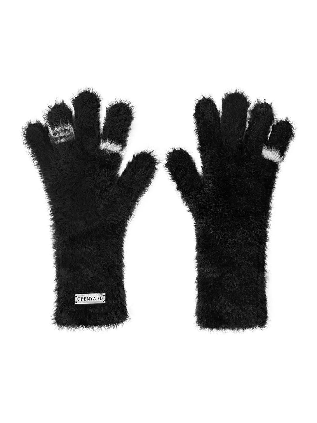 HAIRY RING KNIT GLOVES - BLACK