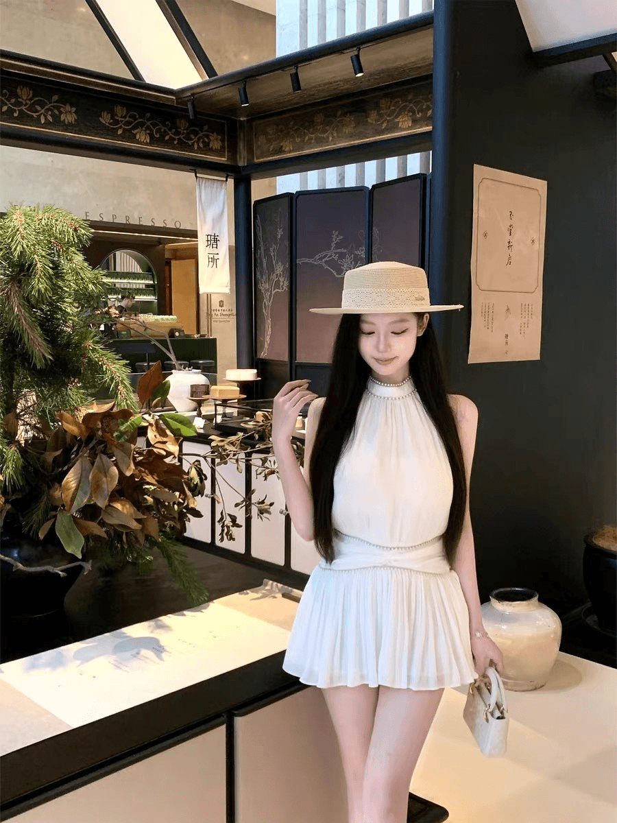 퓨어 펄 넥 쉐이프 숄더 원피스