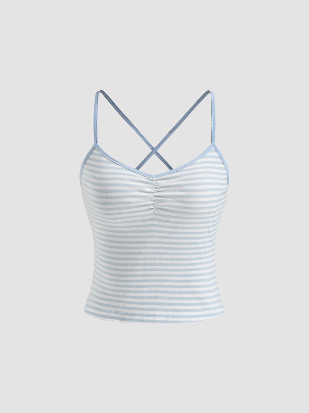 Cotton-blend Stripe Criss Cross Crop Cami Top