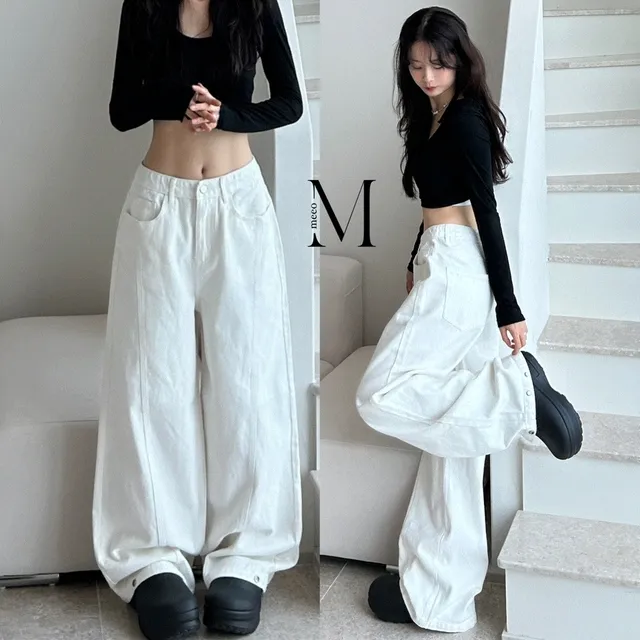 [3기장,~2XL] 피치기모 프론트 사선 절개 밑단 버튼 코튼 와이드 팬츠