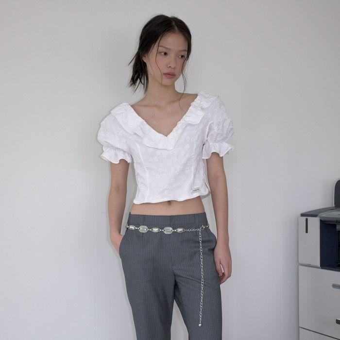 RUFFLE JACQUARD BLOUSE_WHITE