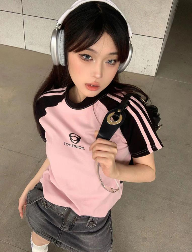핑크 트랙 레터링 유니폼 배색 반팔 티셔츠