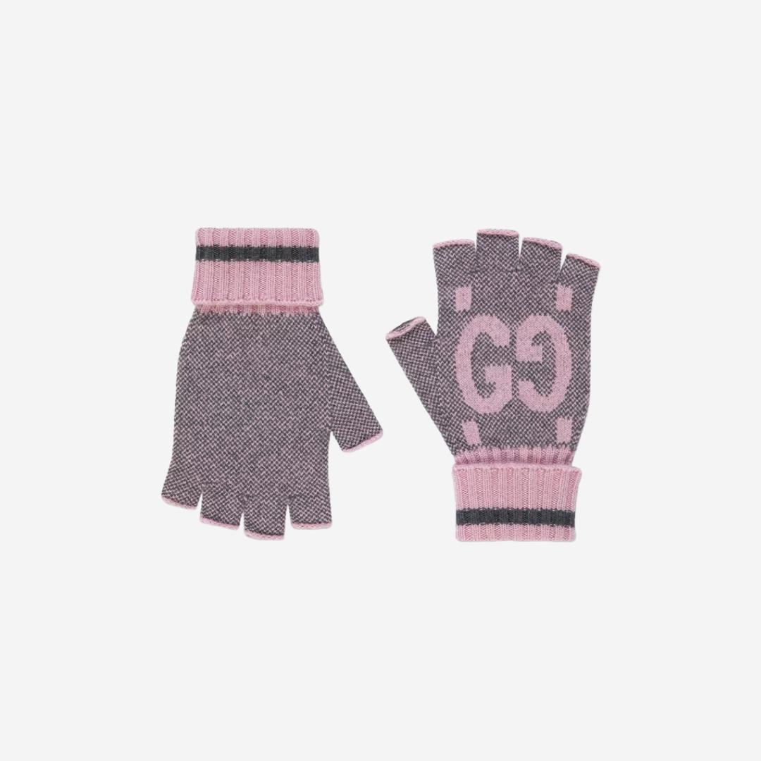 (W) Gucci GG Cashmere Fingerless Gloves Grey Pink