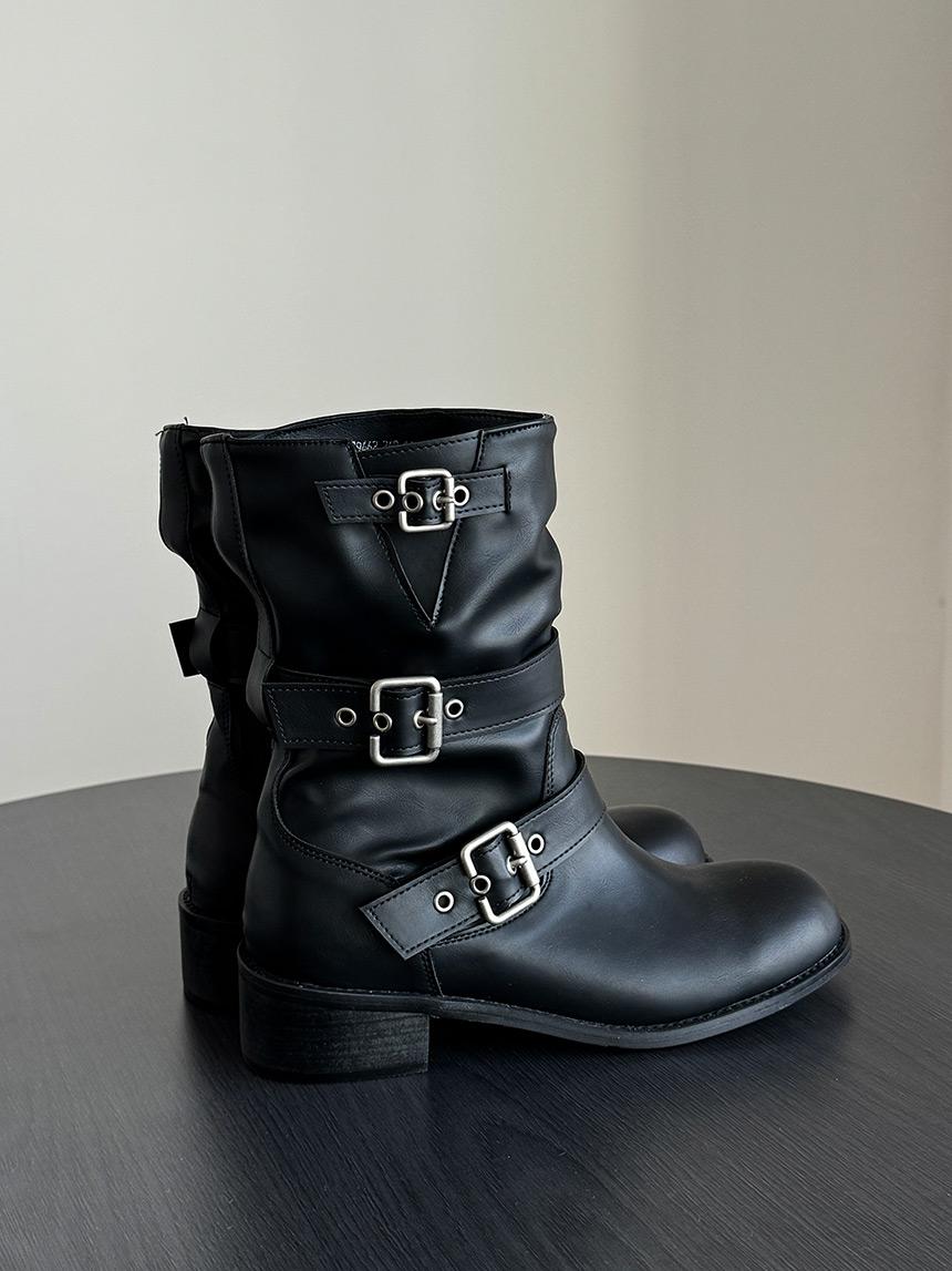 버클 바이커 미들 레더 부츠
