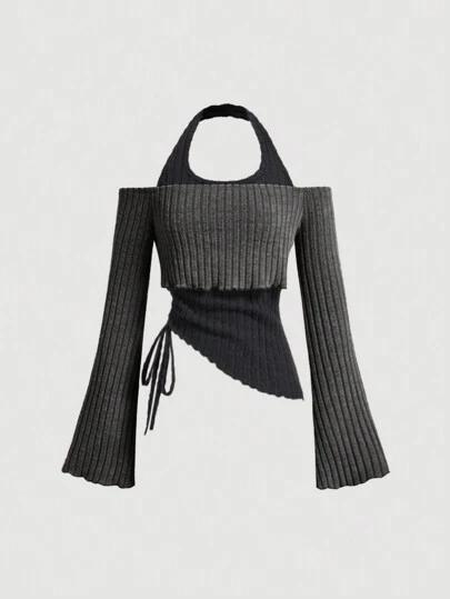 SHEIN MOD Asymmetrical Hem Drawstring Waist Flared Sleeve 2 In 1 T-Shirt