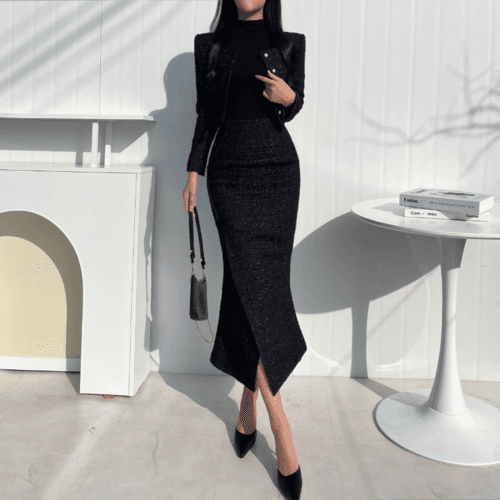레니 트위드 자켓 슬릿 스커트 셋업 ( 하객룩 크롭 숏 롱 머메이드 하이웨스트 예복 결혼식 면접 상견례 )