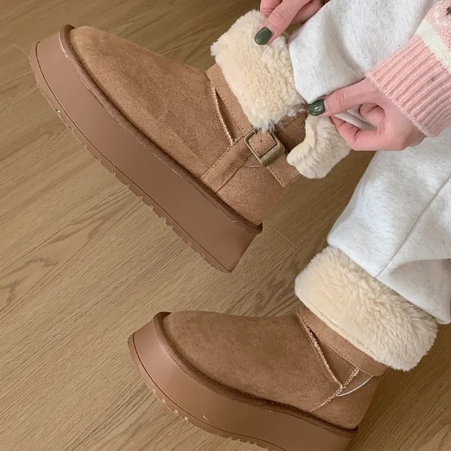 [투웨이⛄통굽4CM] 양털 롤업 어그 부츠 신발 미들 숏 플랫폼 버클 털안감 퍼 앵클 스웨이드 트임 따뜻 겨울 6SIZE 2COL