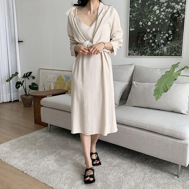 ♥원피스&셔츠세트♥ 린넨 슬리브리스 원피스 셔츠 세트