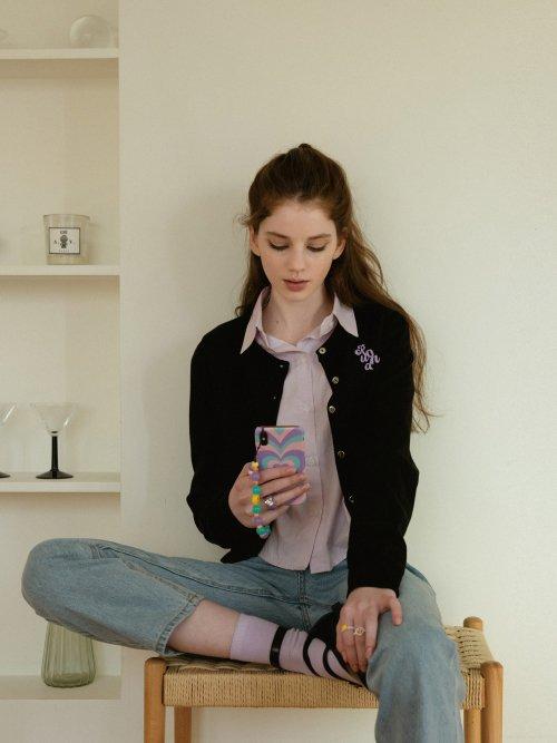 코튼 로고 라운드넥 카디건 - 블랙