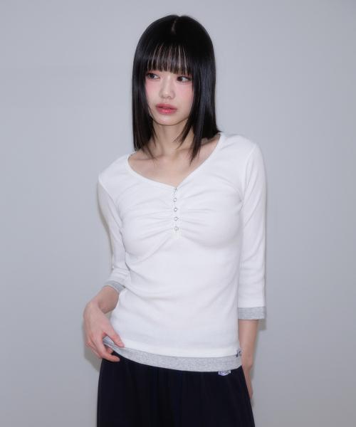 Shirring Button Layered Long Sleeve [Ivory]