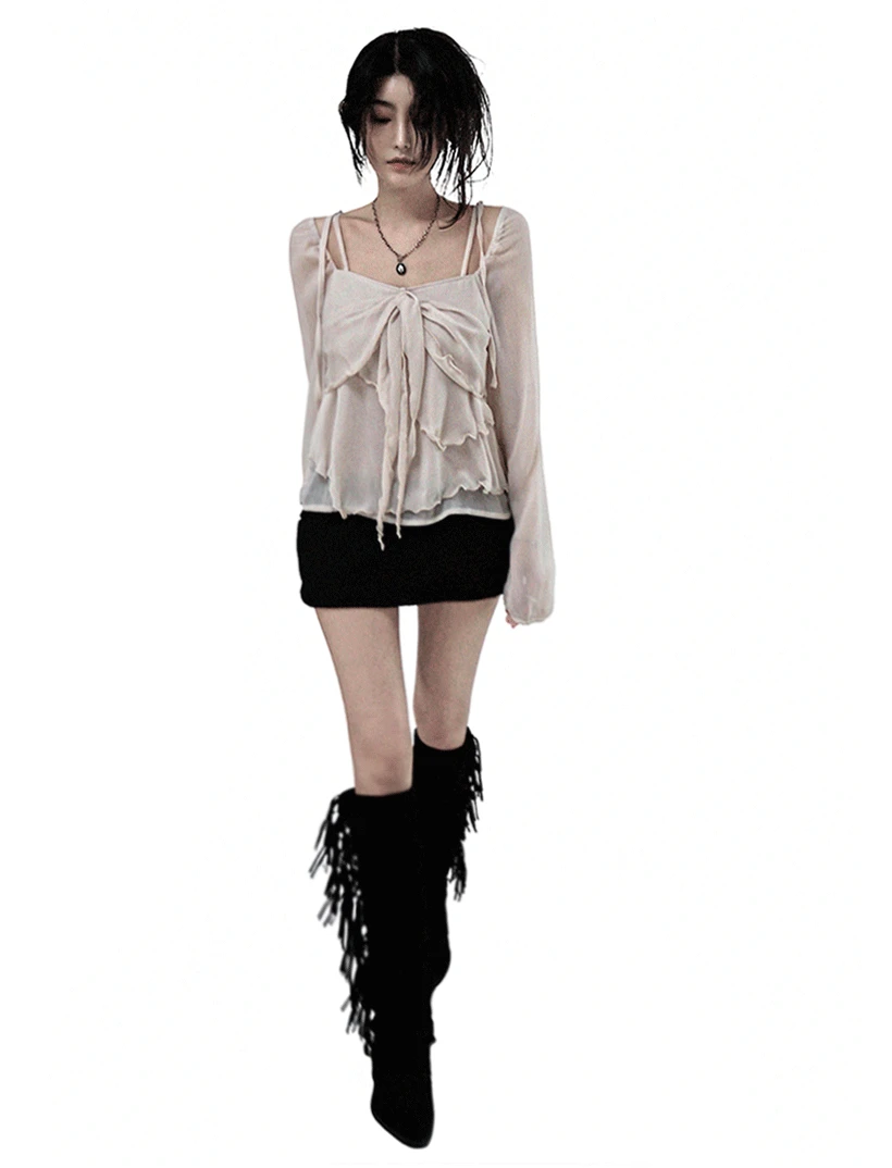 [3/23~입고] FREY FEMININE CHIFFON STRAP BLOUSE 프레이 여리 쉬폰 스트랩 블라우스