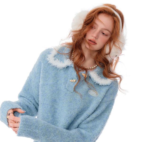 Sky Blue Fuzzy Polo Knit