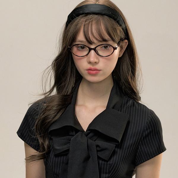 Pin Stripe Bow Tie S-sleeve Black Shirt