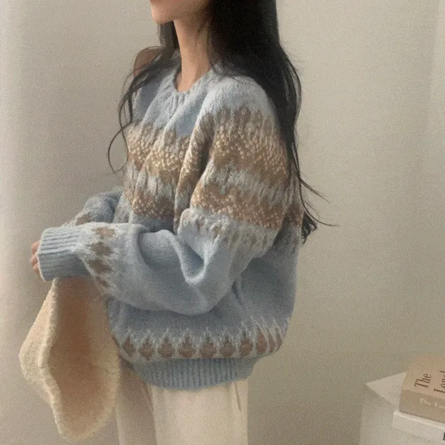 [만족도100🤍/겨울감성!] 뉴트 노르딕 아가일 눈꽃 라운드 니트 - 4color