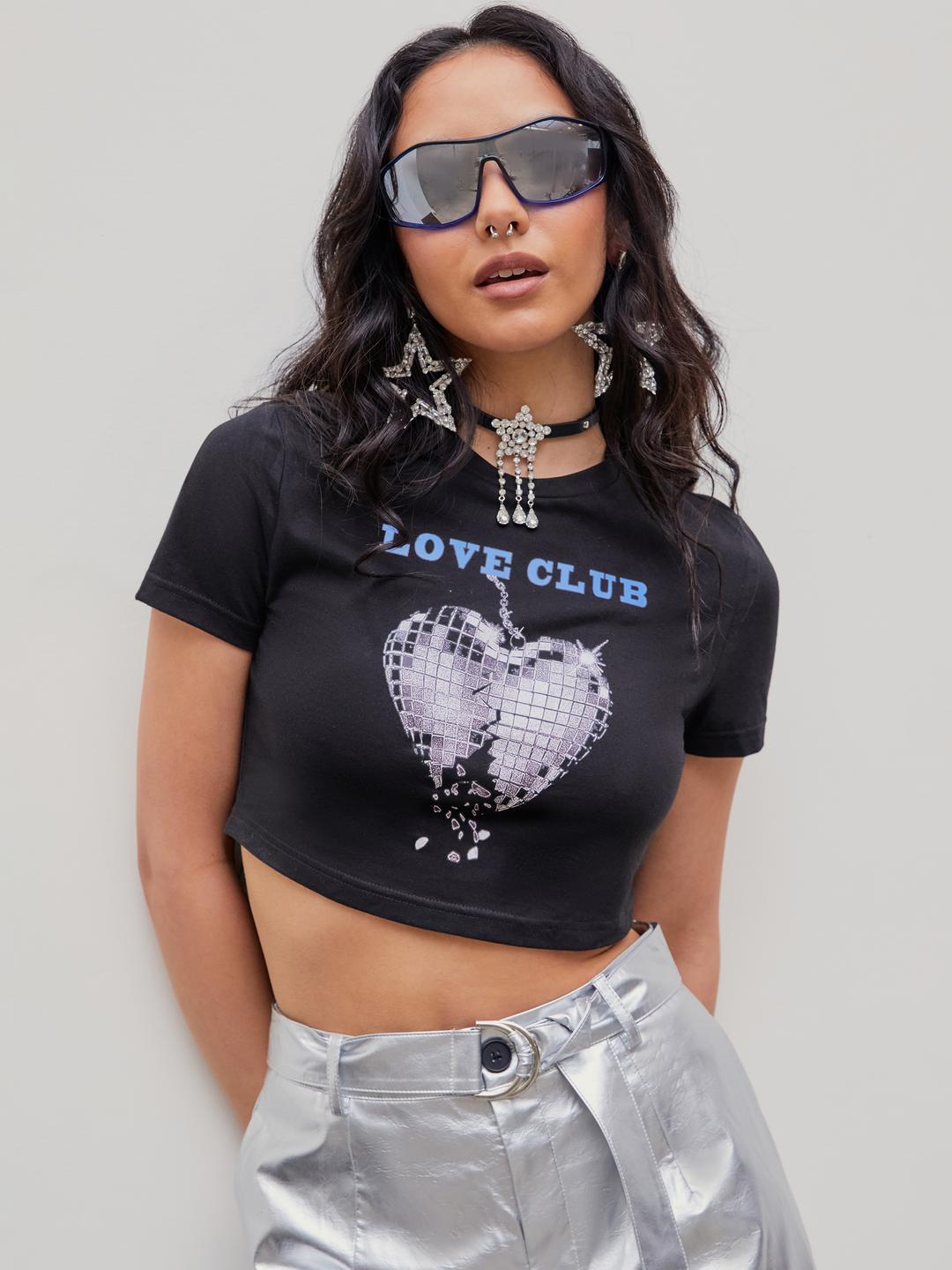 저지 하트 그래픽 크롭 탑셔츠