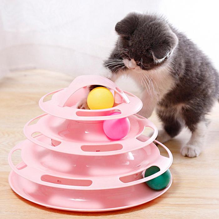 발라당 고양이 행동유발 장난감 4단 공놀이 핑크