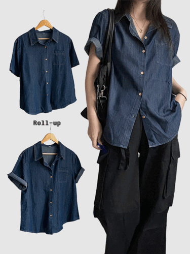 롤업 빈티지 데님 박시 데님 반팔 셔츠 남방