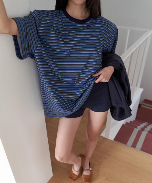 indigo stripe padded t-shirt (2Color)