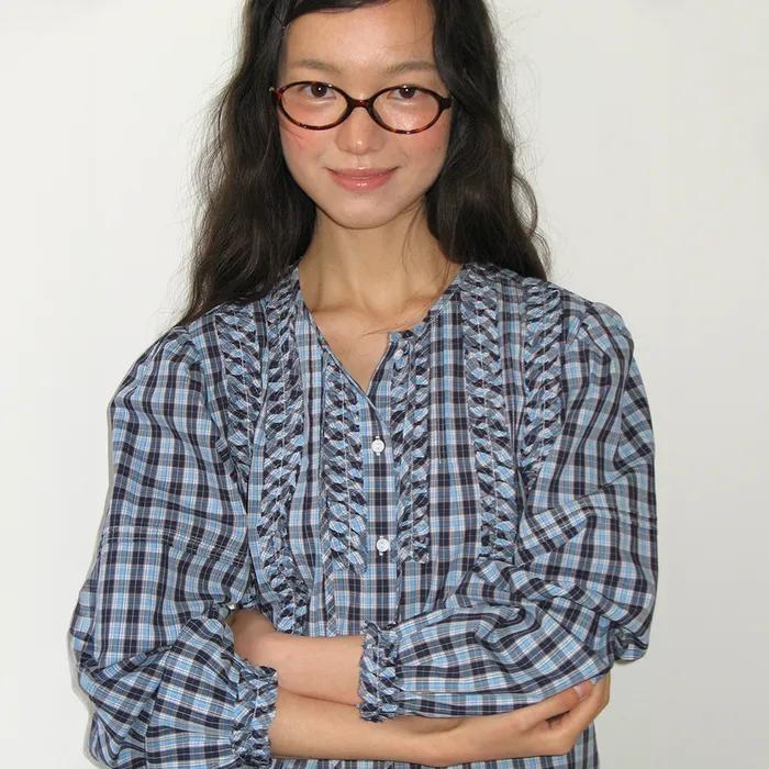 FRILLY RUFFLE RIBBON TIE VINTAGE CHECK BLOUSE BLUE
