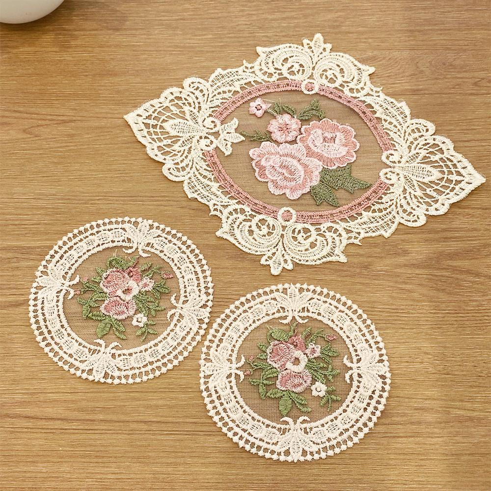 핑크 플라워 자수 레이스 매트 티코스터 도일리 컵받침대