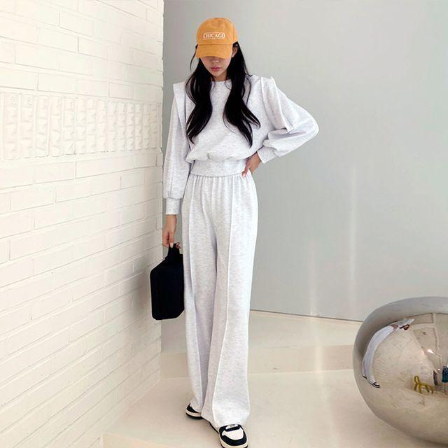 [세트가격] 무지 퍼프 소매 긴팔 맨투맨 티셔츠 와이드 밴딩 팬츠 트레이닝 세트 투피스 츄리닝 캐주얼 데일리룩 -BPST0123- 빅사이즈 루즈핏 오버핏 봄 가을