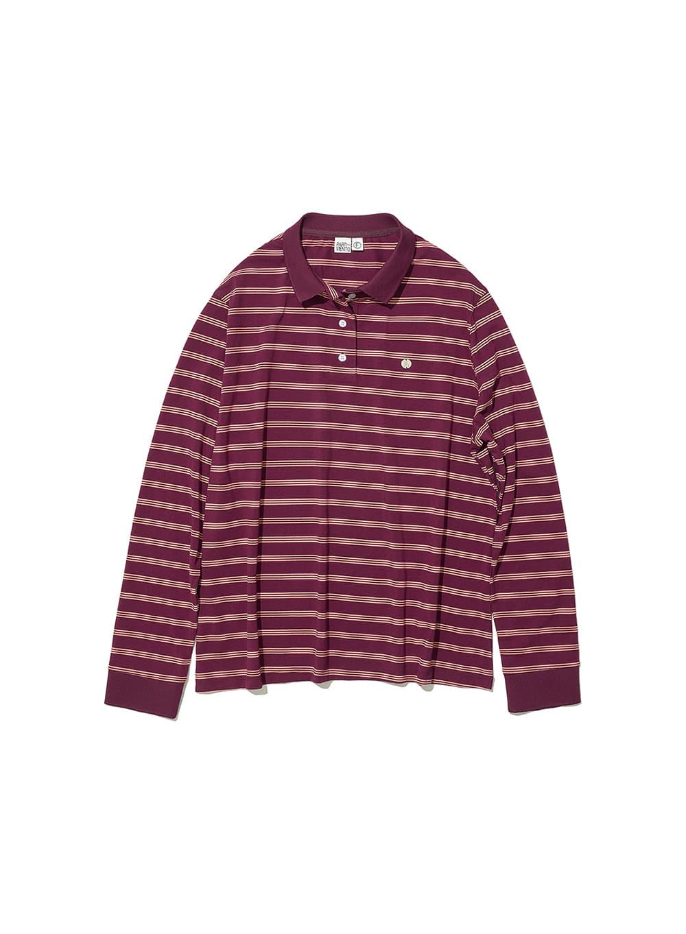 [WOMEN] STRIPE LONG SLEEVE POLO TEE_BURGUNDY