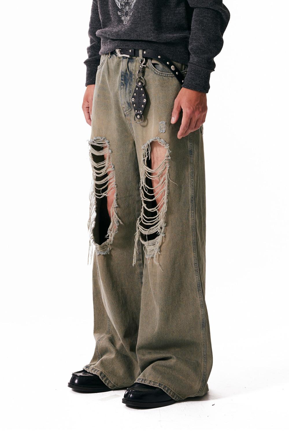 Distressed Camo Patch Denim Pants (Sand Blue)