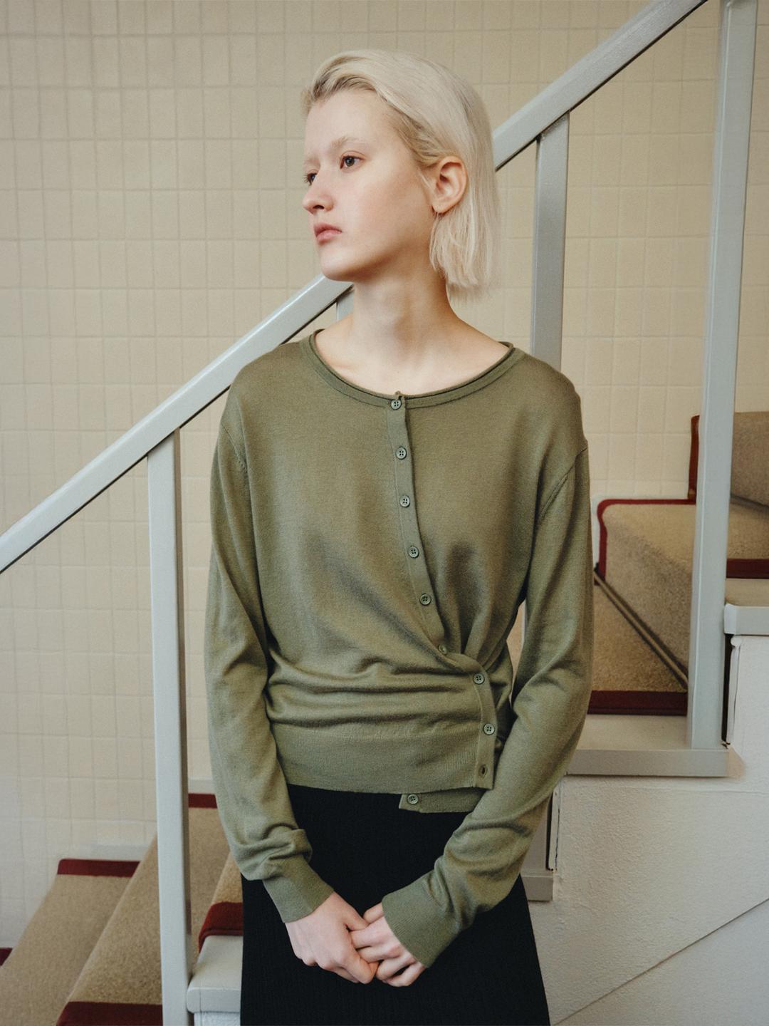 [인플루언서 착용] WOOL BLEND DIAGONAL CARDIGAN_KHAKI