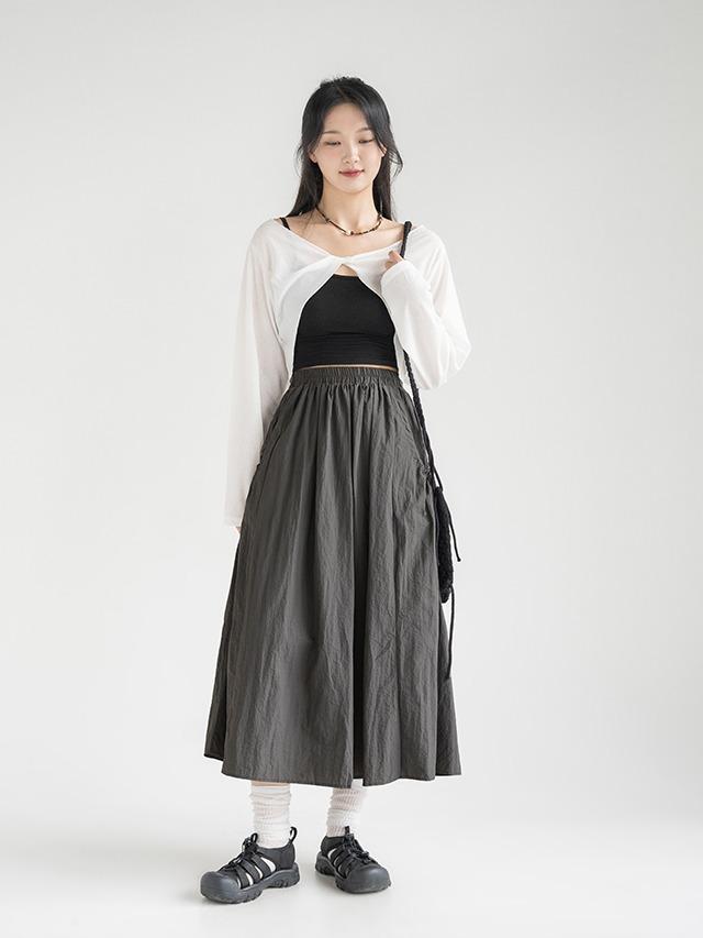 S-XL 스모테 바스락 포켓 스트링 밴딩 플레어 롱 스커트 장마룩