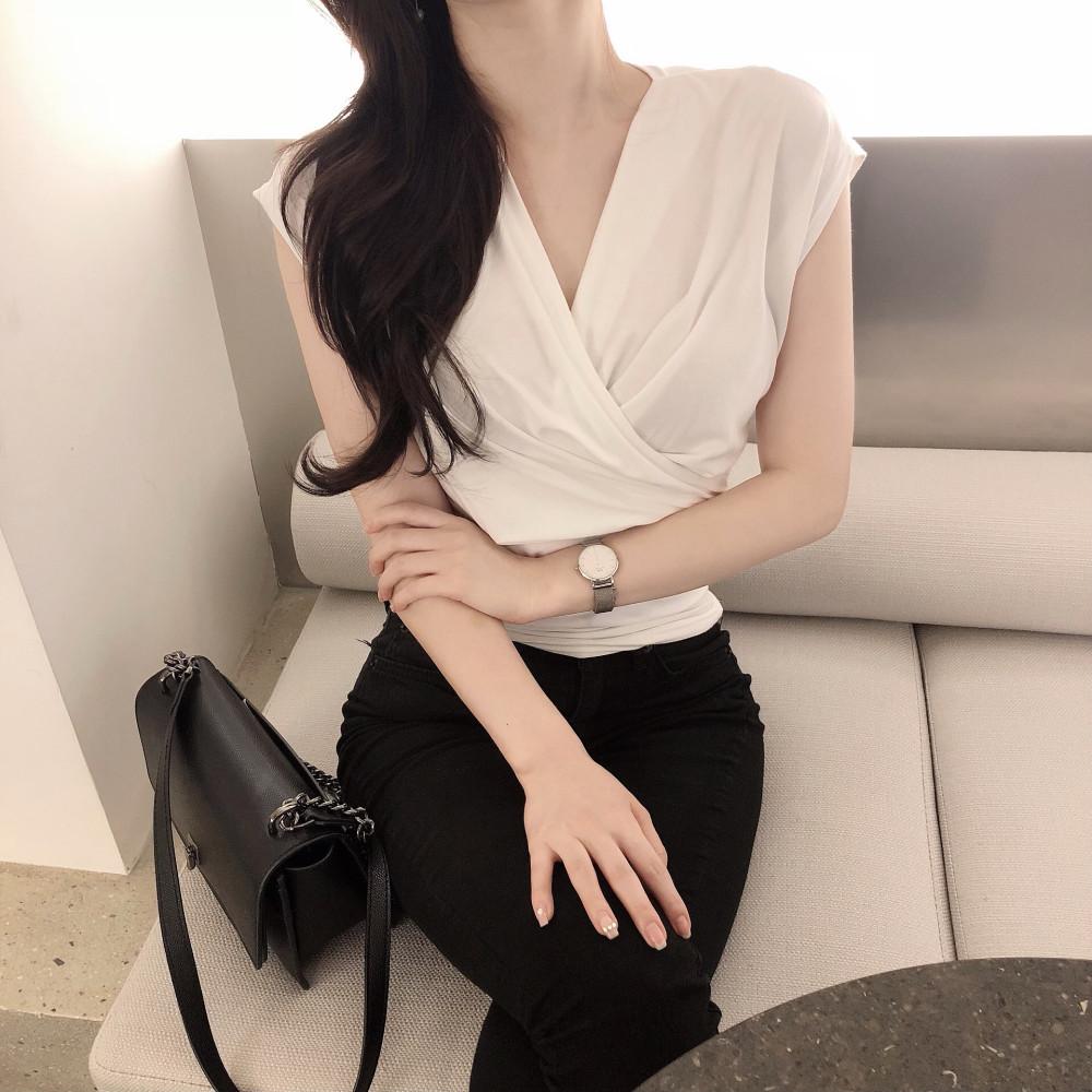 로랑 슬림 랩셔링 티셔츠 블라우스