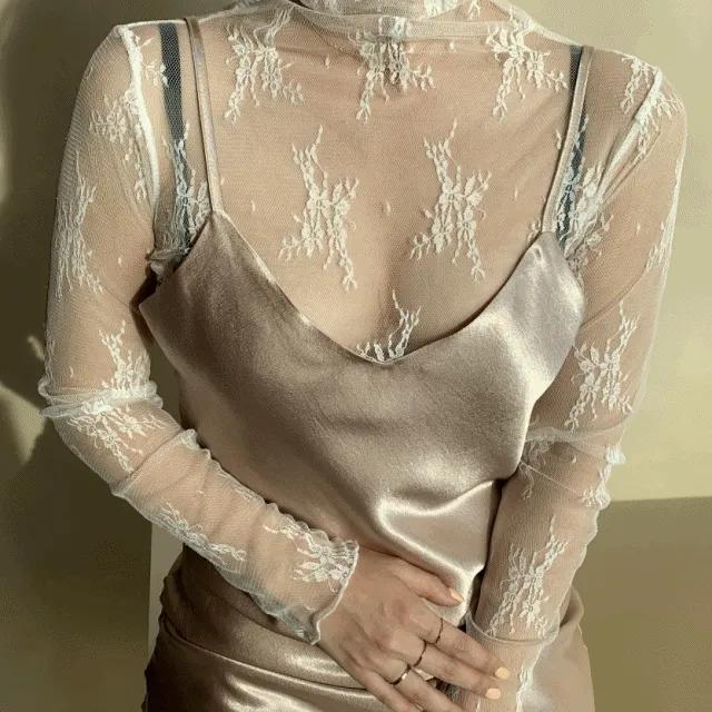 [오늘출발🚀/레이어드룩](6컬러) 시스루 플라워 레이스 하이넥 레이어드 이너 블라우스