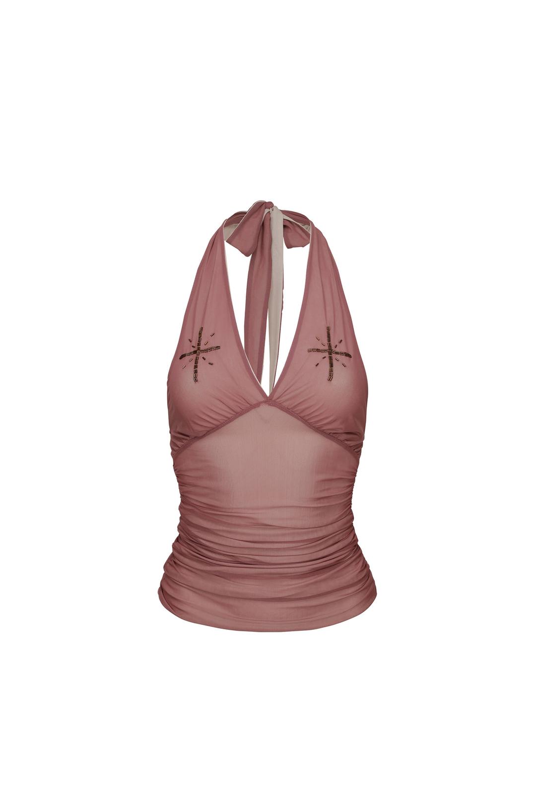 Beaded Mesh Halter Top Dirty Pink