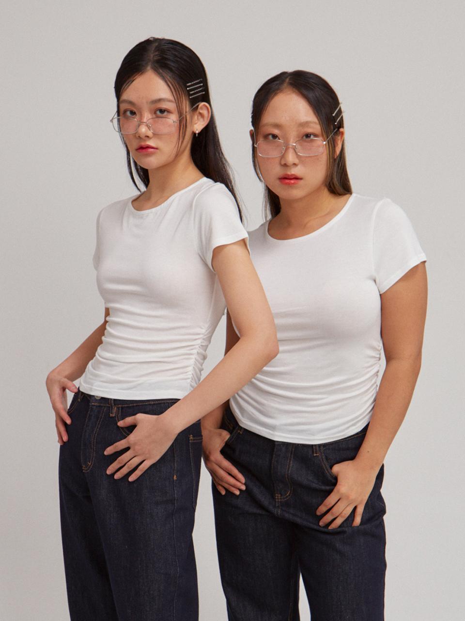 Basic Shirring Short Sleeve T_ White