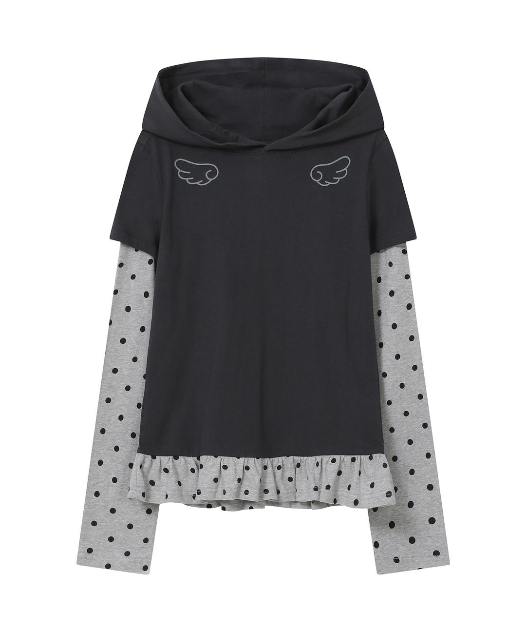 엔젤 슬림핏 레이어드 후드 티셔츠 [도트 차콜]