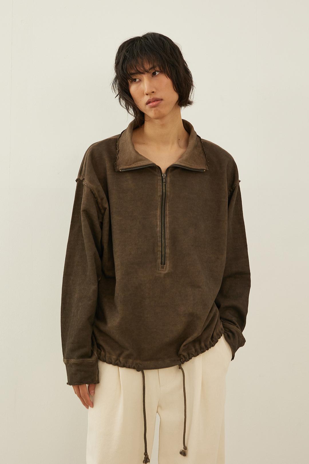 Two Tone Burning Half Zip Up - Brown