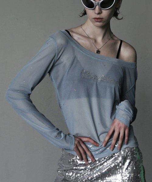 갤럭시 라인스톤 메쉬 탑 루즈핏 - 더스티블루