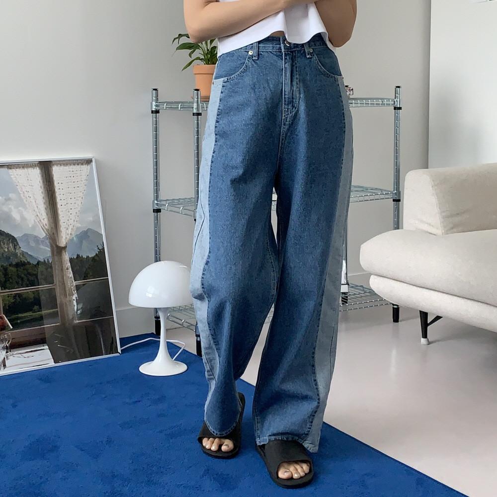 [OR]OOTJ 루즈핏 배색 사이드 포인트 워싱 데님 팬츠 / 중청