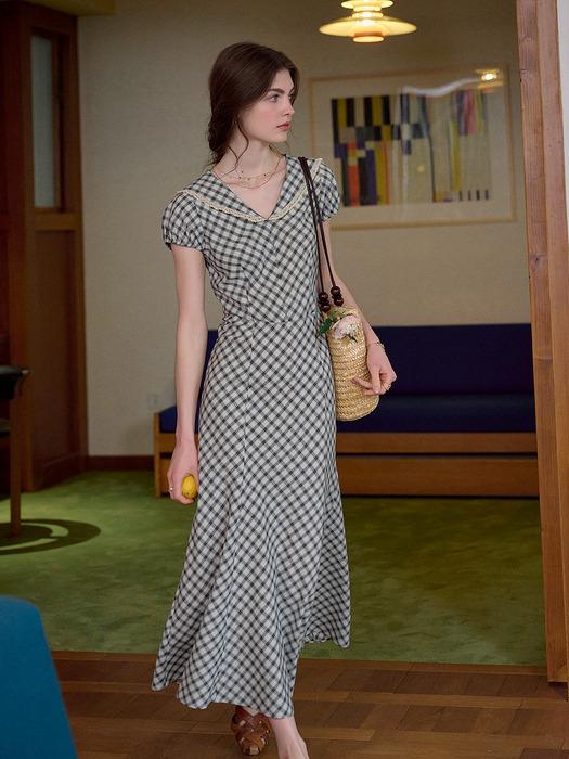 SR_Lace navy collar checked dress