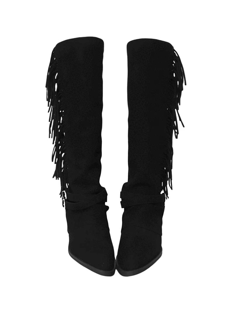 TASSEL FRINGE BELT COWHIDE SUEDE FOLDING LONG BOOTS 태슬 프린지 벨트 소가죽 스웨이드 폴딩 롱부츠