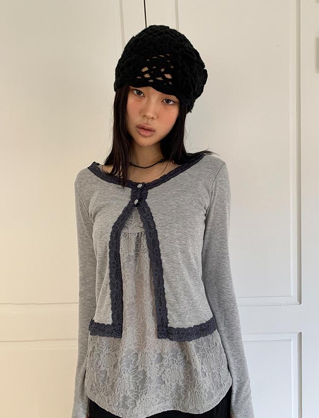 더에펠 셀리아 레이스 배색 투버튼 가디건 (3color)