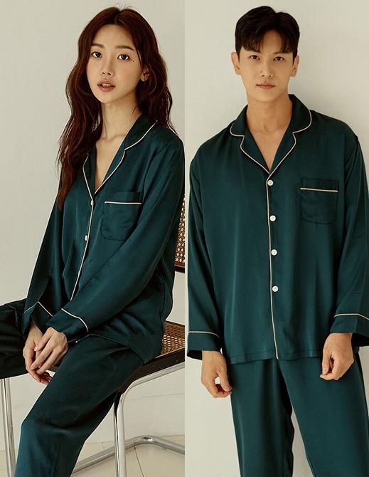 그리너리 샤틴 긴소매 페어 신혼부부 커플잠옷